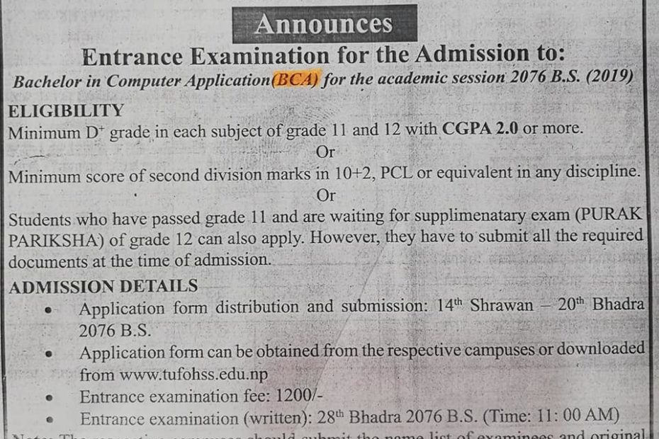 Bca Admission Open Notice 2076