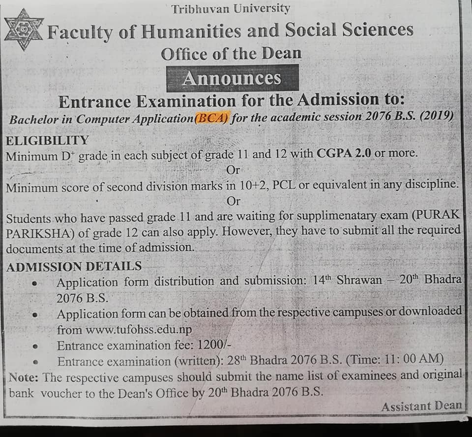 Bca Admission Open Notice 2076