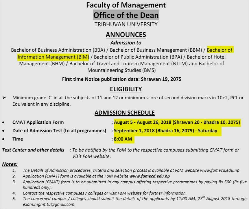 Faculty Of Management Office Of Dean Announces Admission Open For