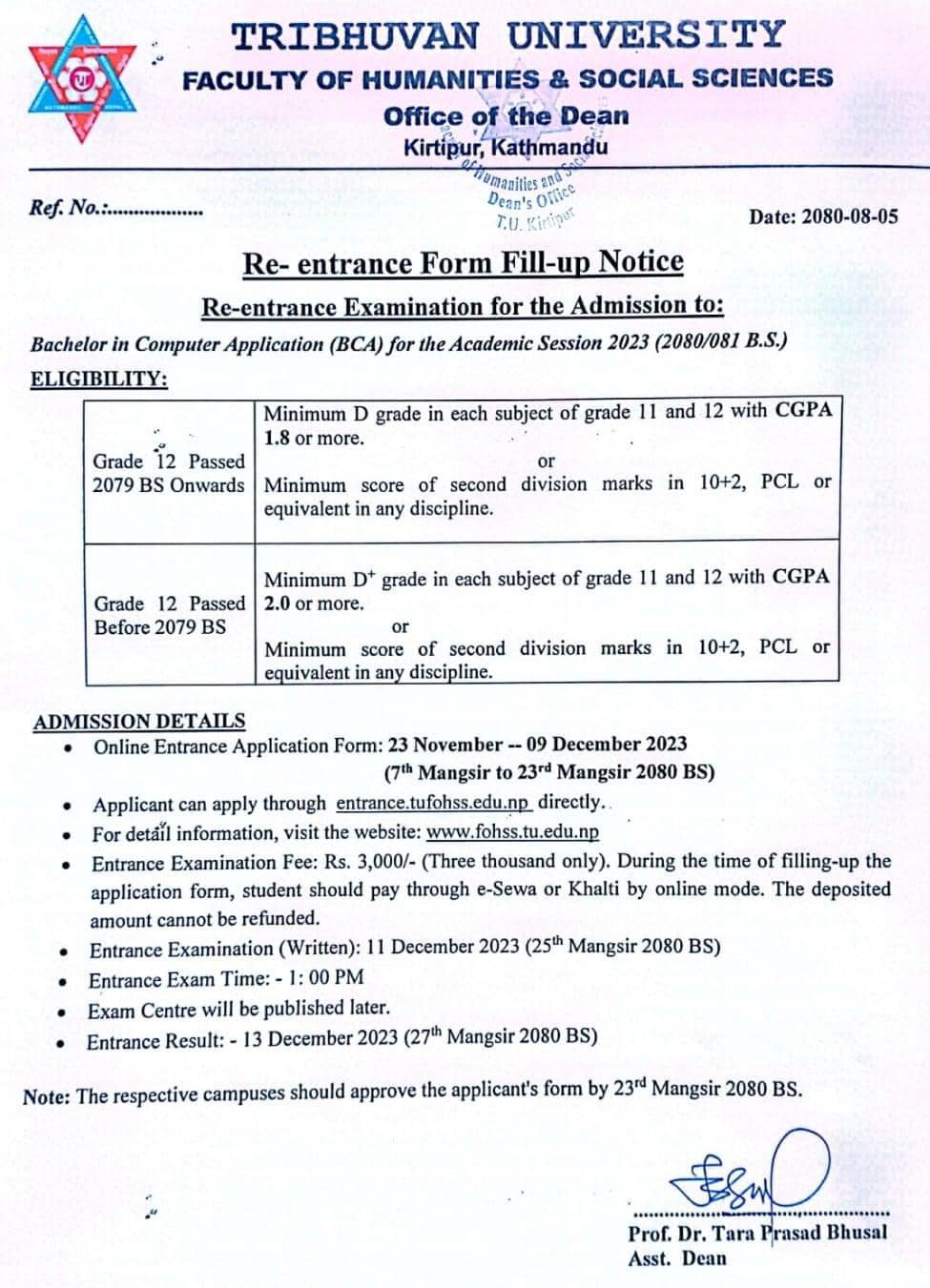 BCA Re-entrance Form Fill up Notice 2080