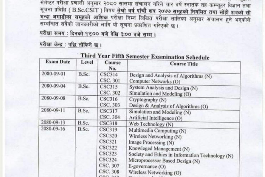 CSIT Fifth Semester Board Exam Routine 2080